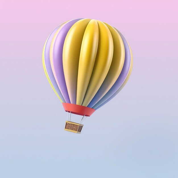 Colorful hot air balloon with basket on a pastel blue and pink gradient background