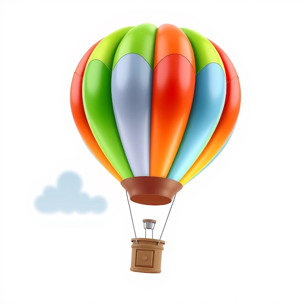 Colorful hot air balloon with brown basket against a white background