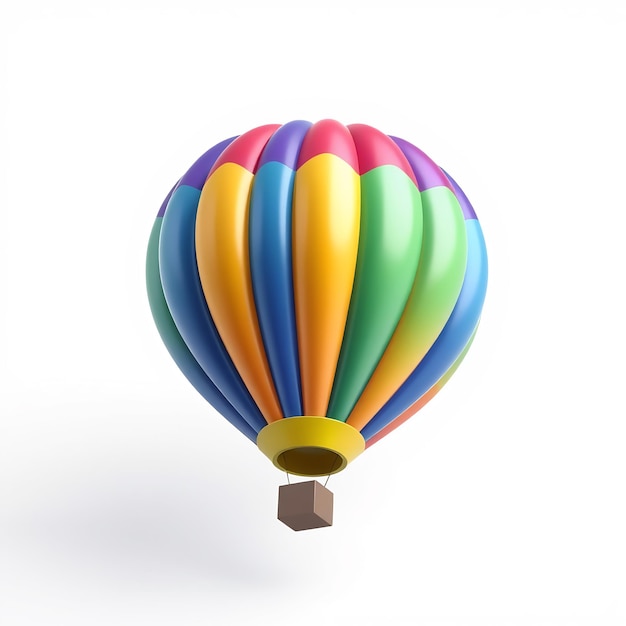 Colorful hot air balloon with a brown box hanging below against a white background