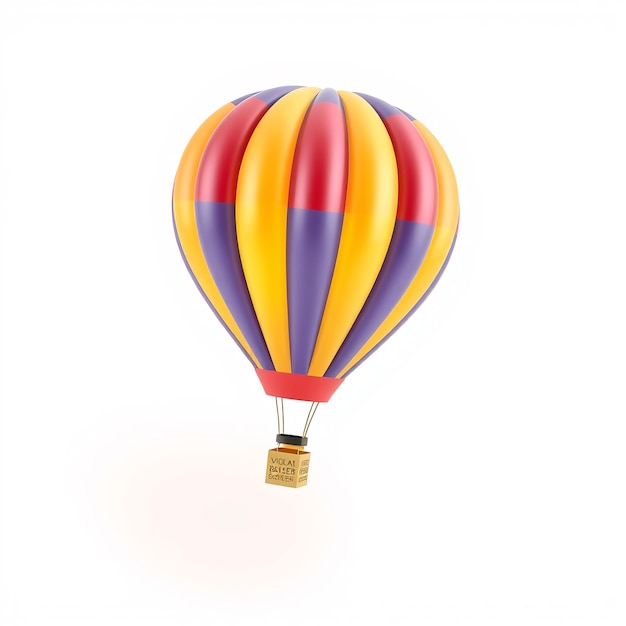 Colorful hot air balloon with a golden box hanging from it against a white background