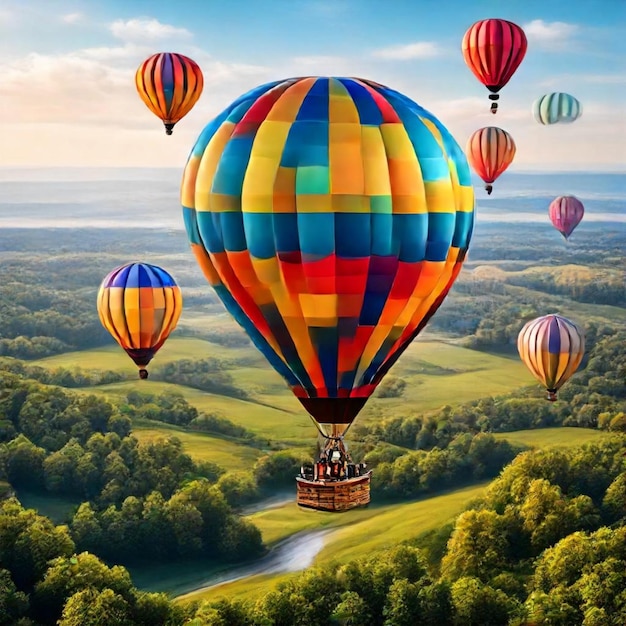 a colorful hot air balloon with a house on the top of it