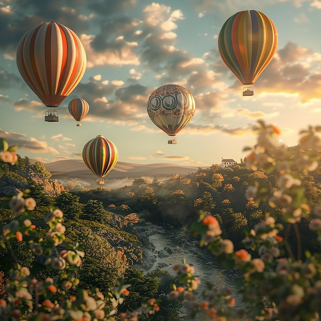 Photo a colorful hot air balloon with a rainbow colored stripe