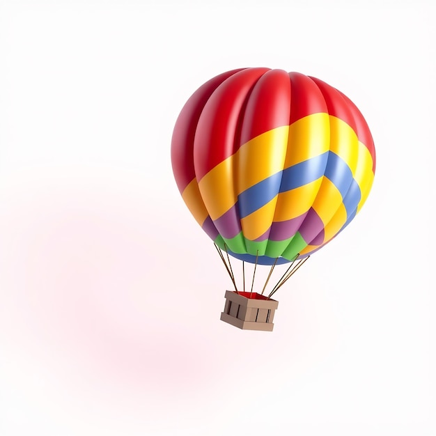 Colorful hot air balloon with wicker basket against a white background