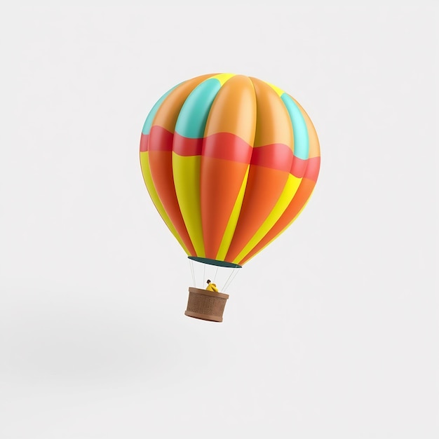 Colorful hot air balloon with wicker basket isolated on white background