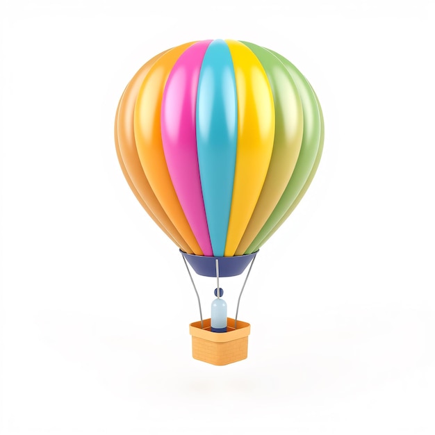 Colorful hot air balloon with wicker basket on white background