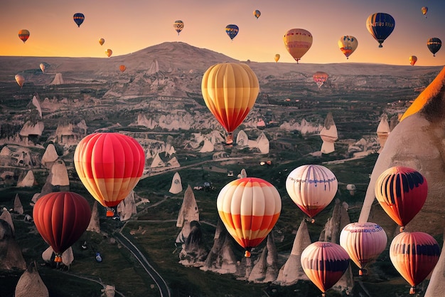 Colorful hot air balloons in Cappadocia Turkey 3d illustration