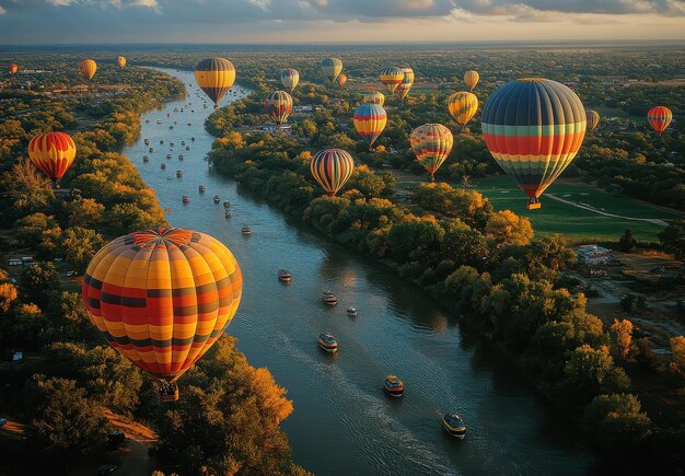 Colorful hot air balloons drift above the Carwonderful River in New Mexico during a vibrant flight at sunrise