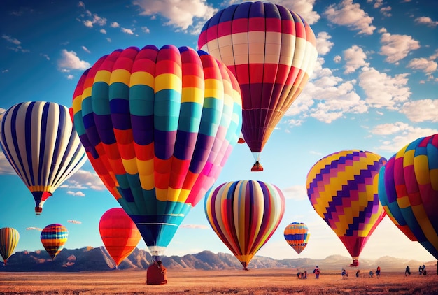 Colorful hot air balloons festival floating with clear blue sky background Hobbies and leisure concept Digital art illustration Generative AI