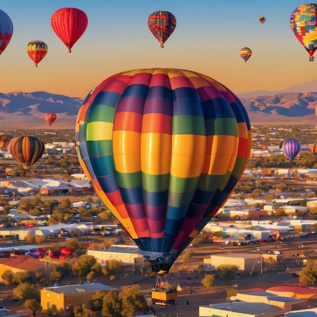 Colorful hot air balloons float gracefully amidst a city's skyline