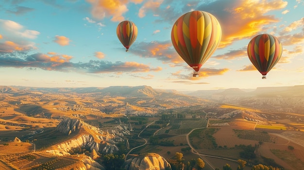 Colorful Hot Air Balloons Floating Over Scenic Valley