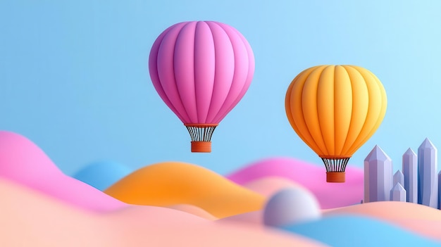 Colorful hot air balloons floating above stylized hills creating