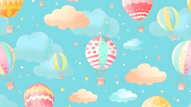 Colorful Hot Air Balloons and Fluffy Clouds in Pastel Blue Sky Whimsical Seamless Pattern