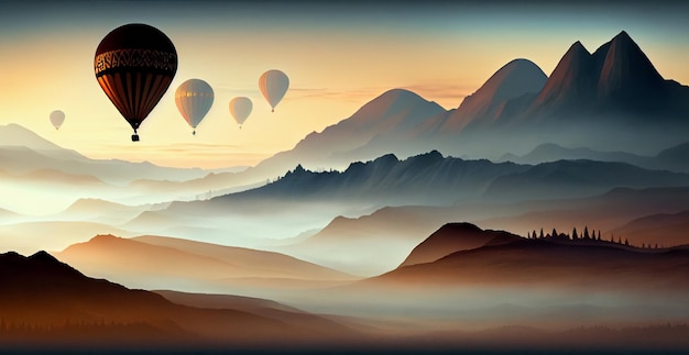 Colorful hot air balloons fly over the mountain foggy evening sunset AI generated image