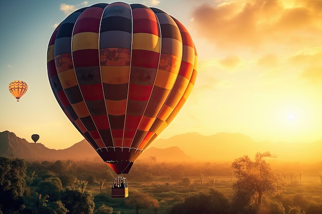 Colorful hot air balloons flying above high mountain at sunrise with beautiful sky background