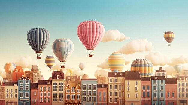 Colorful hot air balloons flying over modern city 3D rendering generative ai