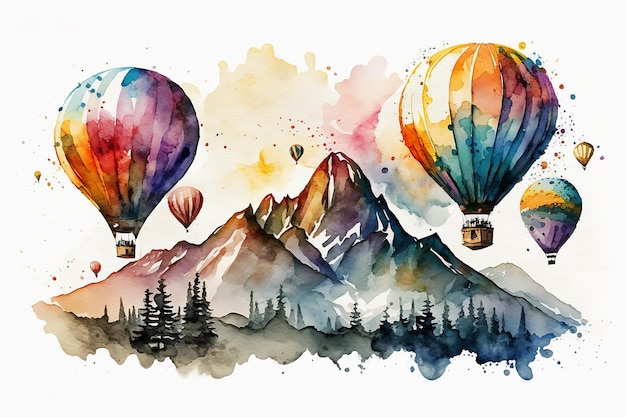 Colorful hot air balloons flying over mountain generative ai