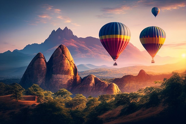 Colorful hot air balloons flying over the mountains at sunrise Thailand generative ai