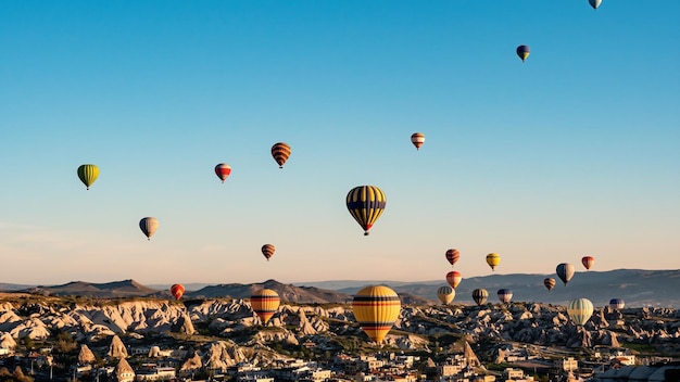 Colorful hot air balloons flying over rock landscape at Cappadocia Turkey