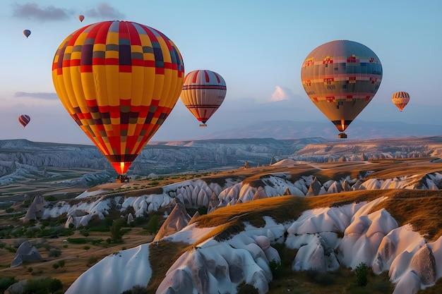 Colorful hot air balloons flying over a scenic landscape at sunrise