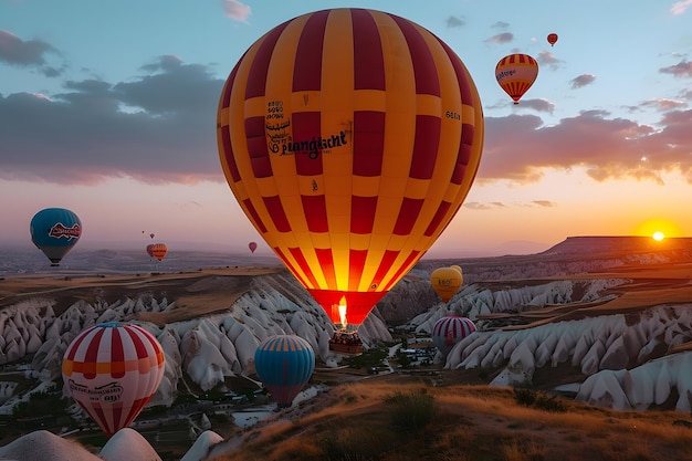 Colorful hot air balloons flying over a scenic landscape at sunrise