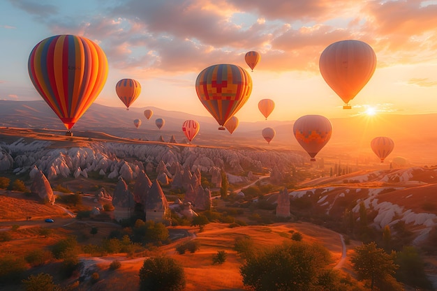 Colorful hot air balloons flying at sunrise over a rugged landscape