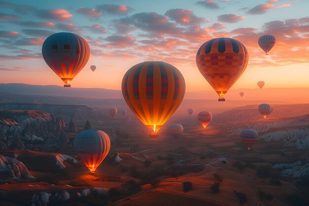 Colorful hot air balloons flying at sunrise over a rugged landscape