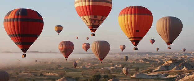 Photo colorful hot air balloons rise over misty cappadocia at sunrise creating a serene scene