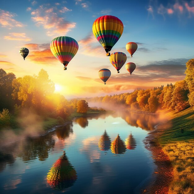 Colorful hot air balloons rise with the fog rising above the river in the early morning