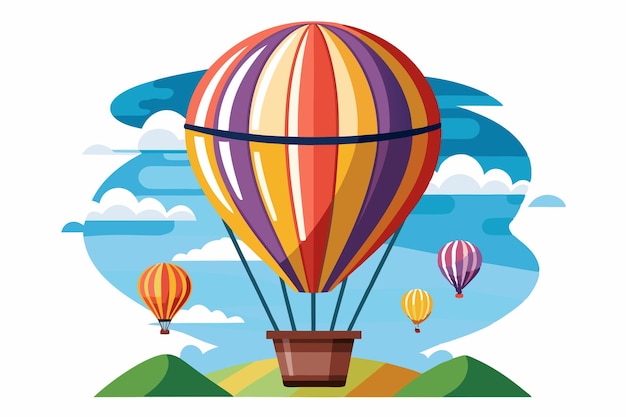 Colorful Hot Air Balloons Soaring Above Green Hills and Blue Sky