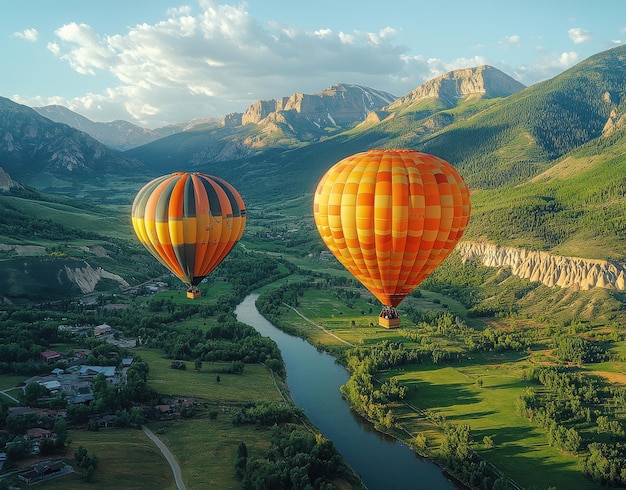 Colorful hot air balloons soaring over a stunning Colorado valley on a bright summer day