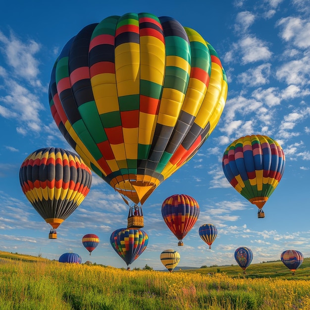 Colorful hot air balloons soaring through a bright blue sky over meadows filled with yellow grass on a sunny day