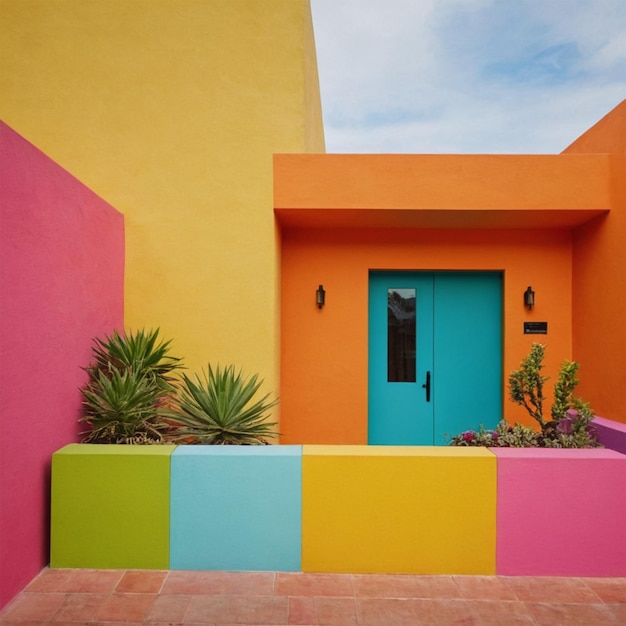 Photo a colorful house with a blue door and a sign that says  welcome