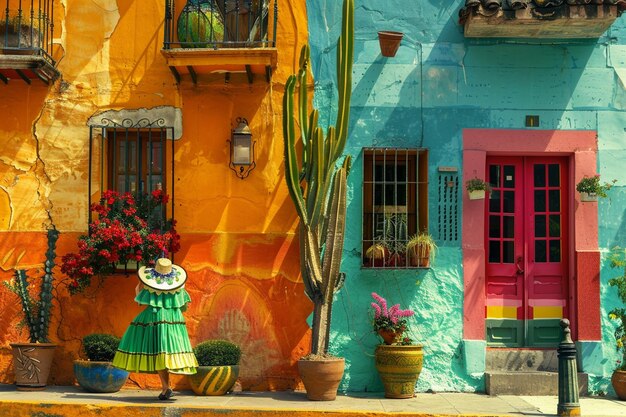 a colorful house with a cactus and a cactus in the pot