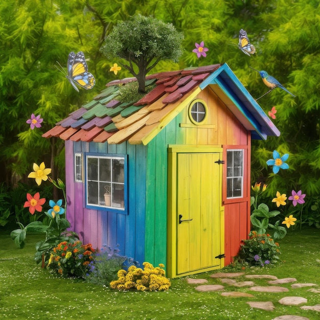 Photo a colorful house with flowers on the roof and a house with a bird on the roof