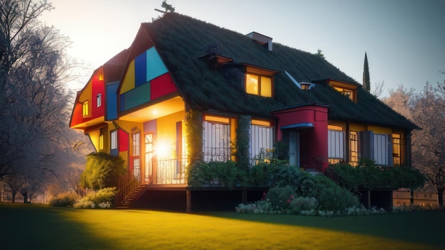 A colorful house with a green lawn in front of it