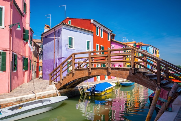 Colorful houses in downtown Burano, Venice, Italy with clear blue sky