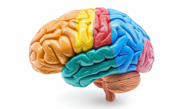 Colorful human brain model showcasing different brain regions for education and science