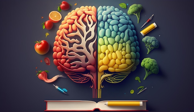 Colorful human brain with book mental health concept illustration generative ai