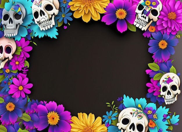 colorful Human skull and flowers frame with copy space Day of the dead concept