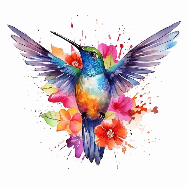 A colorful hummingbird is flying in the air with flowers.