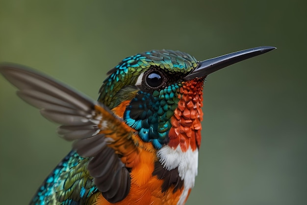 a colorful hummingbird with a black beak and a white chest