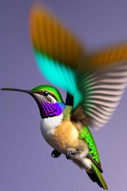 A colorful hummingbird with green, purple, and gold wings is flying.