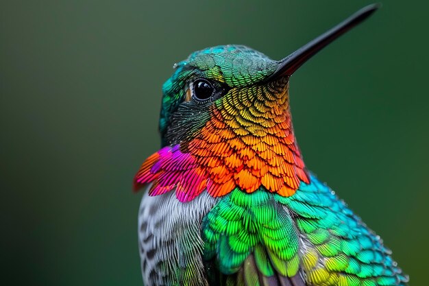 Photo a colorful hummingbird with multicolored feathers and a black beak