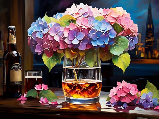 Colorful hydrangea flowers in a glass vase