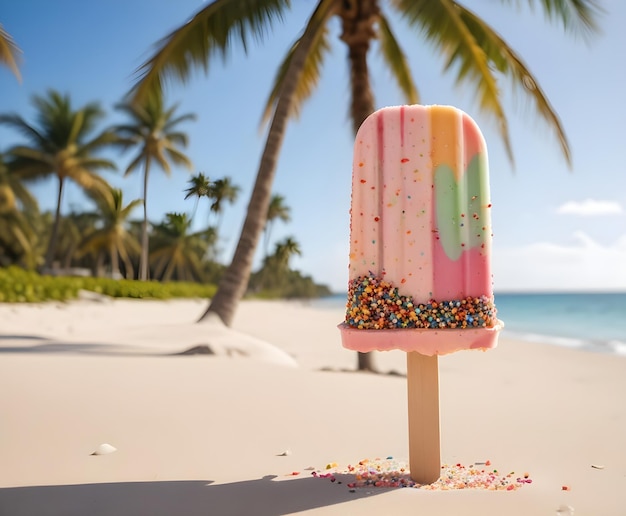 a colorful ice cream cone is on a beach with palm trees in the background