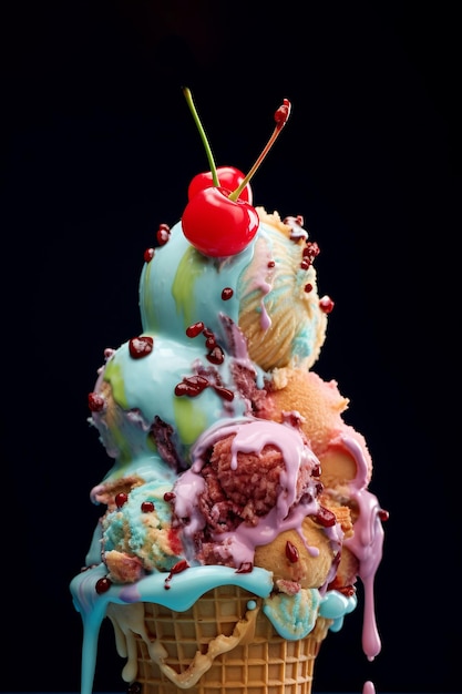 A colorful ice cream cone is melting with scoops of various flavors