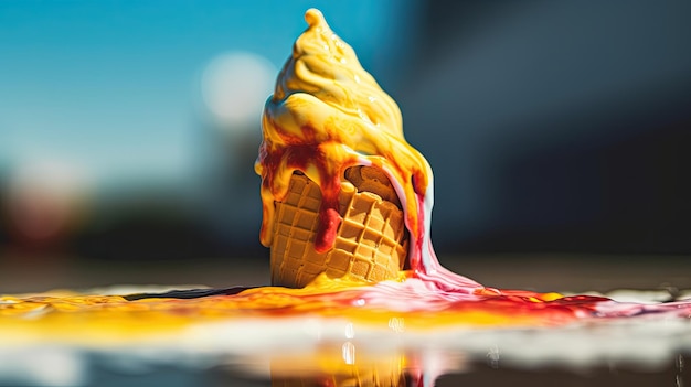 A colorful ice cream cone melting in the sun