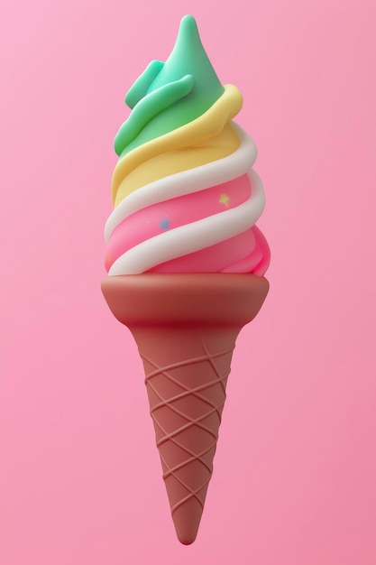 Colorful Ice Cream Cone on Pink Background