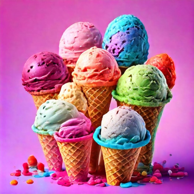 a colorful ice cream cone with a pink background and a purple background