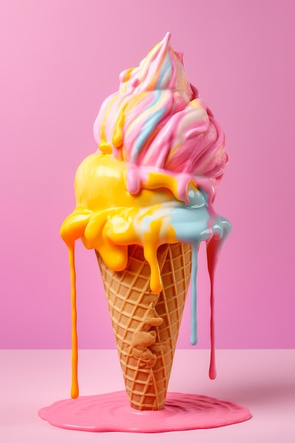 A colorful ice cream cone with a pink background